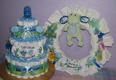 diaper-cake-and-wreath.JPG - Blue & Green Diaper Cake & Wreath