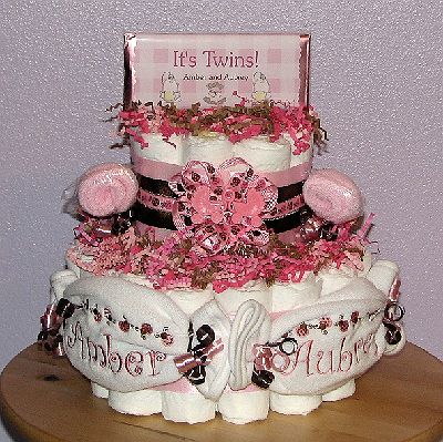 PinkBrown-Ladybug-Diaper-Cake.JPG - Personalized Twins Diaper Cake
