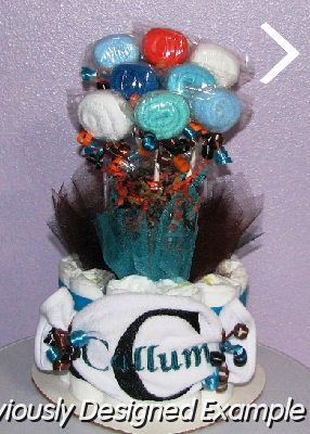brown-turquoise.JPG - Embroidered Washcloth Lollipop Diaper Bouquet